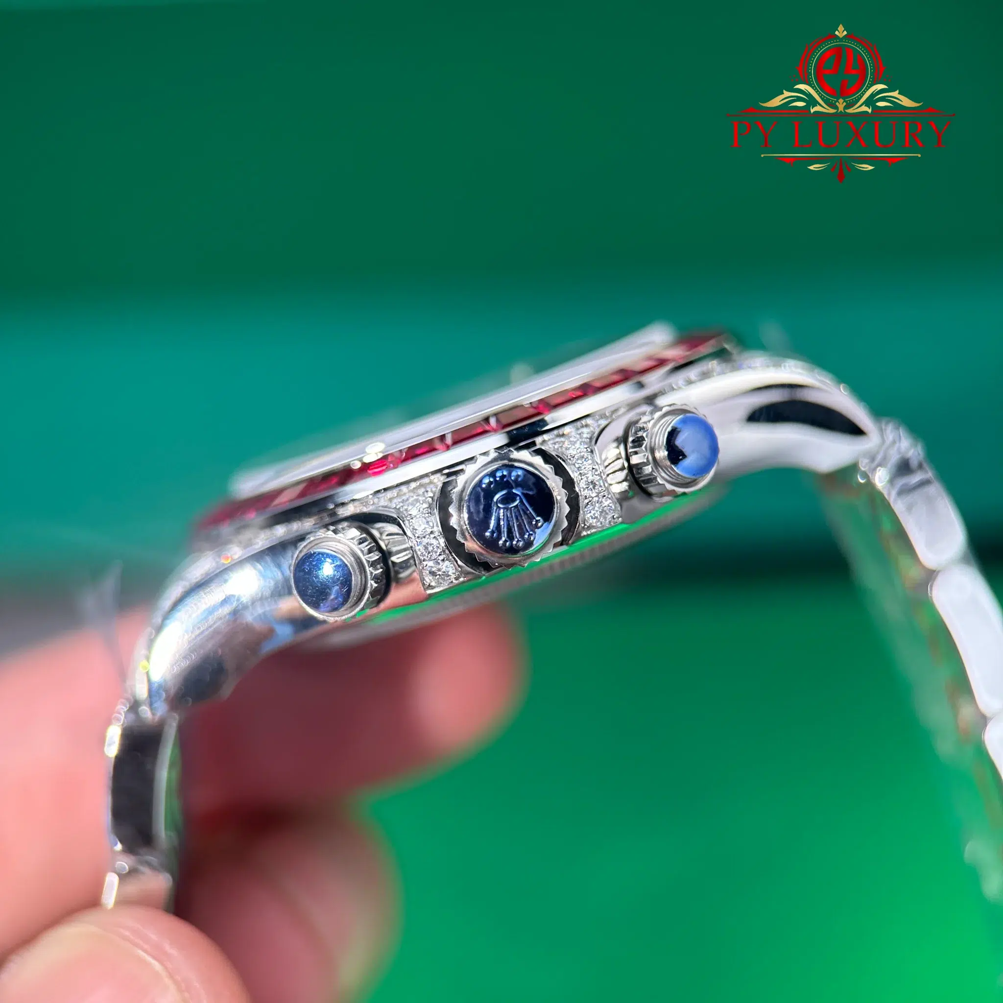 Rolex Daytona 126599TRU White Gold Custom Moissanite Black Dial Ruby Bezel Super Clone Gained Weight 215g (Free Sprung) - 10