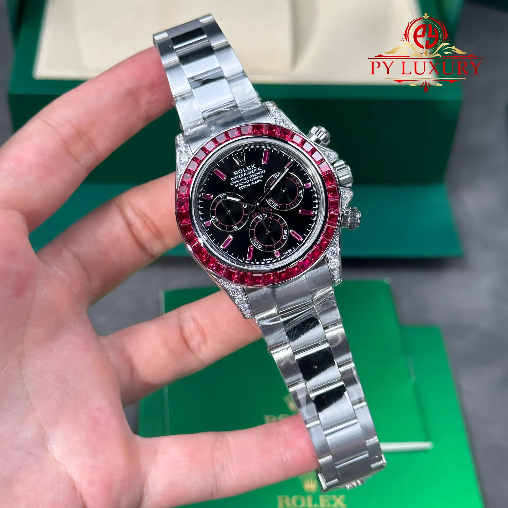 Rolex Daytona 126599TRU White Gold Custom Moissanite Black Dial Ruby Bezel Super Clone Gained Weight 215g (Free Sprung) - 2
