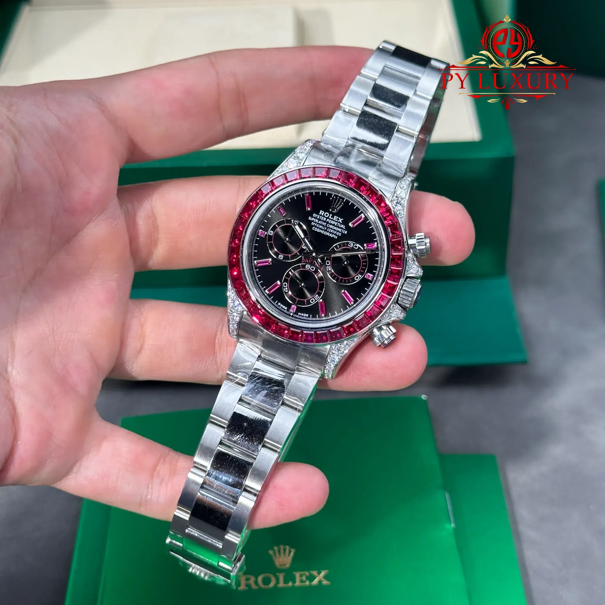Rolex Daytona 126599TRU White Gold Custom Moissanite Black Dial Ruby Bezel Super Clone Gained Weight 215g (Free Sprung) - 3