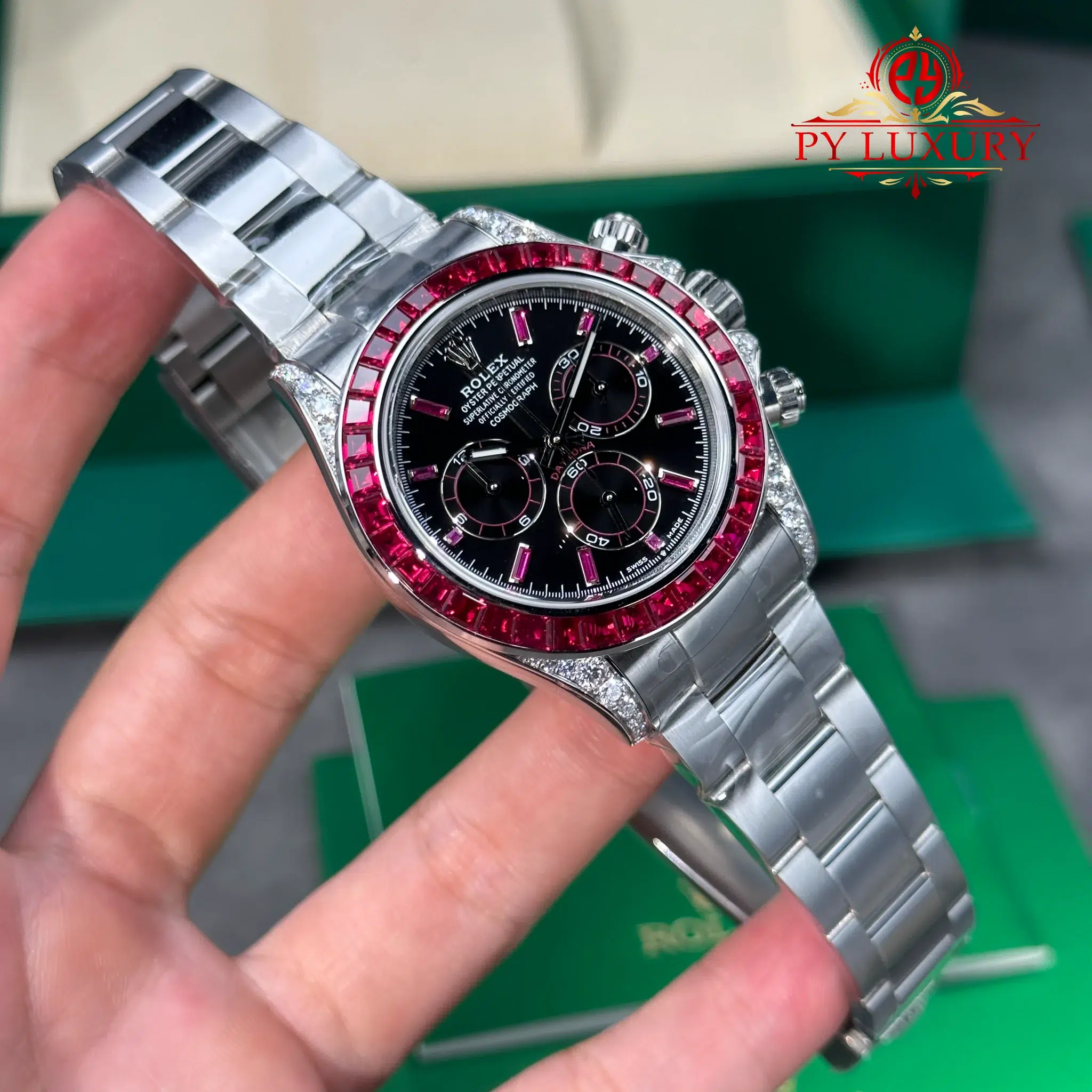 Rolex Daytona 126599TRU White Gold Custom Moissanite Black Dial Ruby Bezel Super Clone Gained Weight 215g (Free Sprung) - 4