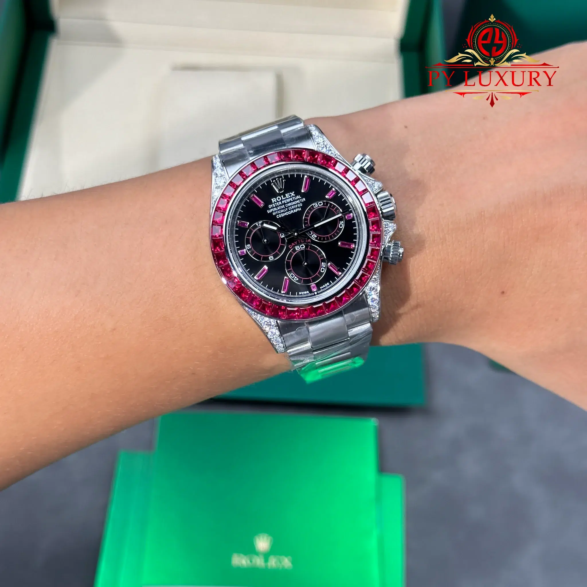 Rolex Daytona 126599TRU White Gold Custom Moissanite Black Dial Ruby Bezel Super Clone Gained Weight 215g (Free Sprung) - 5