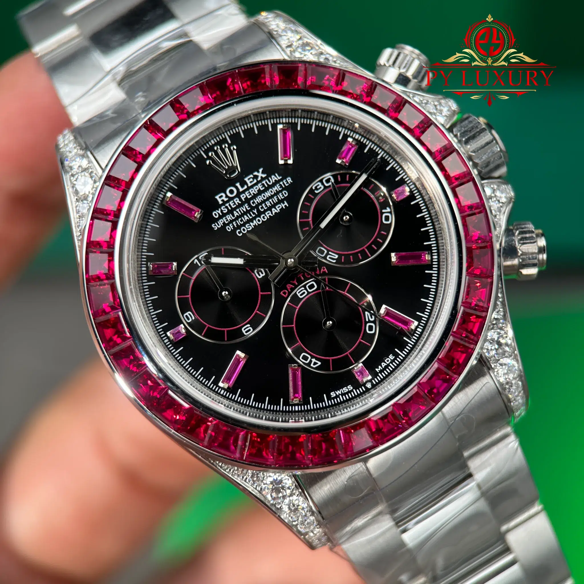 Rolex Daytona 126599TRU White Gold Custom Moissanite Black Dial Ruby Bezel Super Clone Gained Weight 215g (Free Sprung) - 6