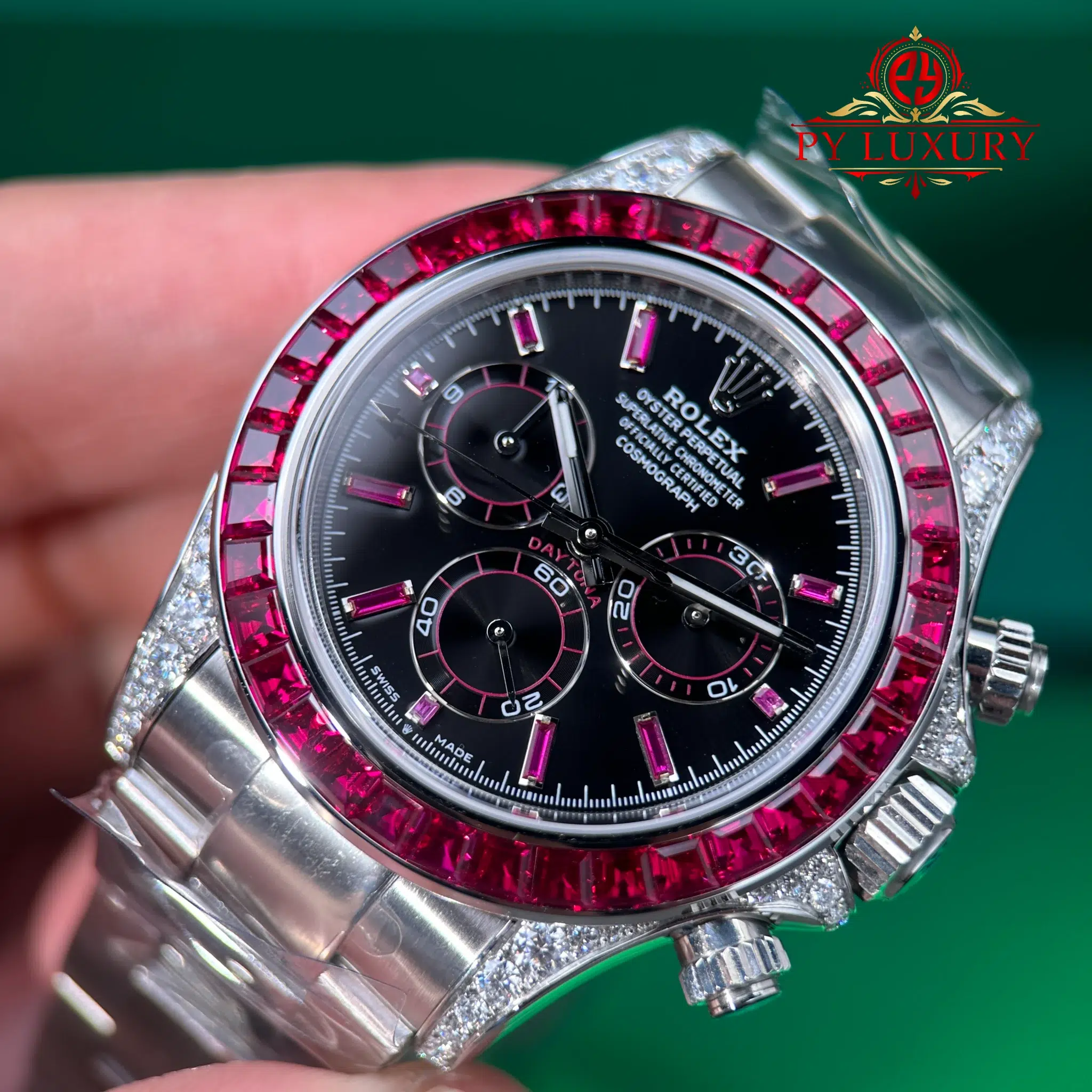 Rolex Daytona 126599TRU White Gold Custom Moissanite Black Dial Ruby Bezel Super Clone Gained Weight 215g (Free Sprung) - 7
