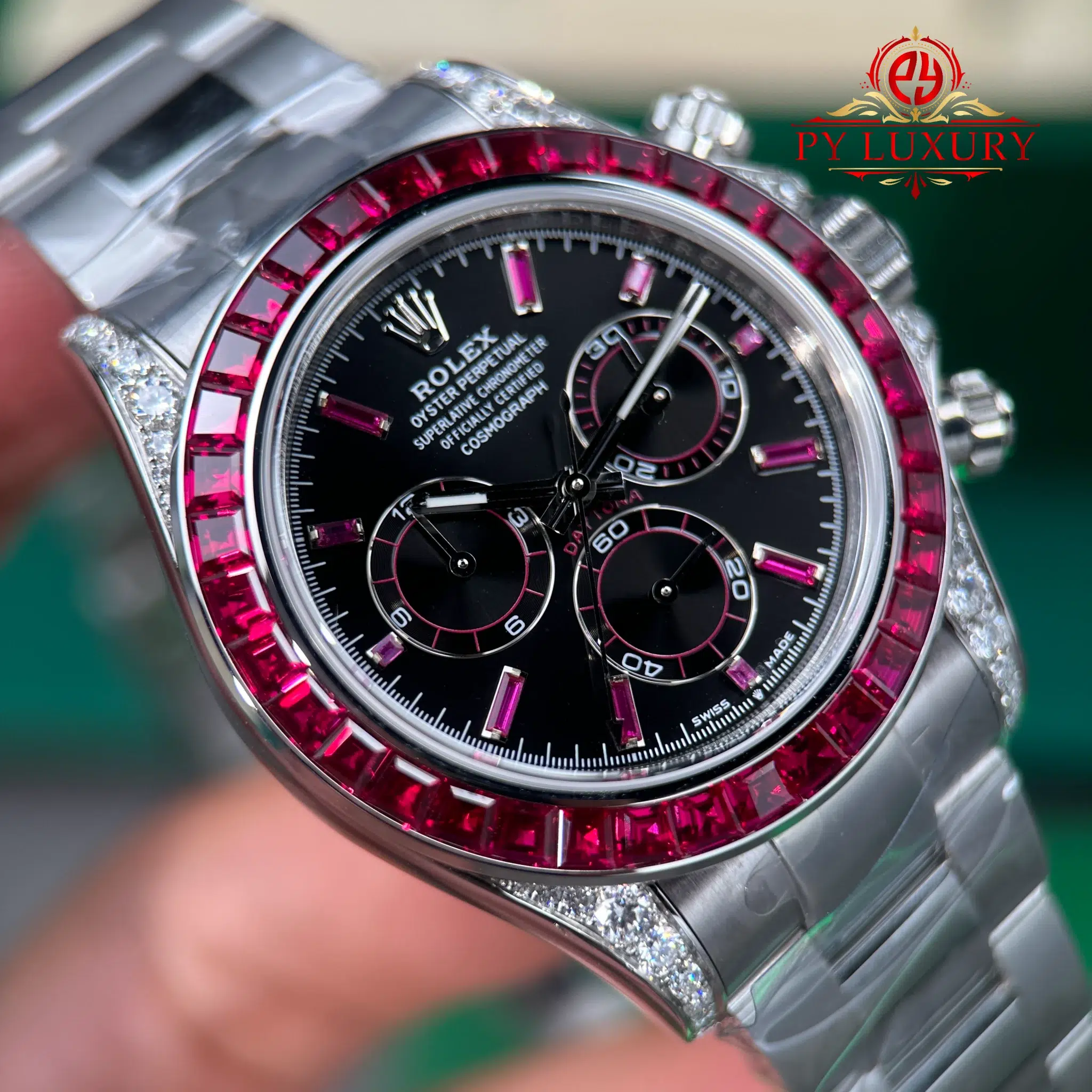 Rolex Daytona 126599TRU White Gold Custom Moissanite Black Dial Ruby Bezel Super Clone Gained Weight 215g (Free Sprung) - 8