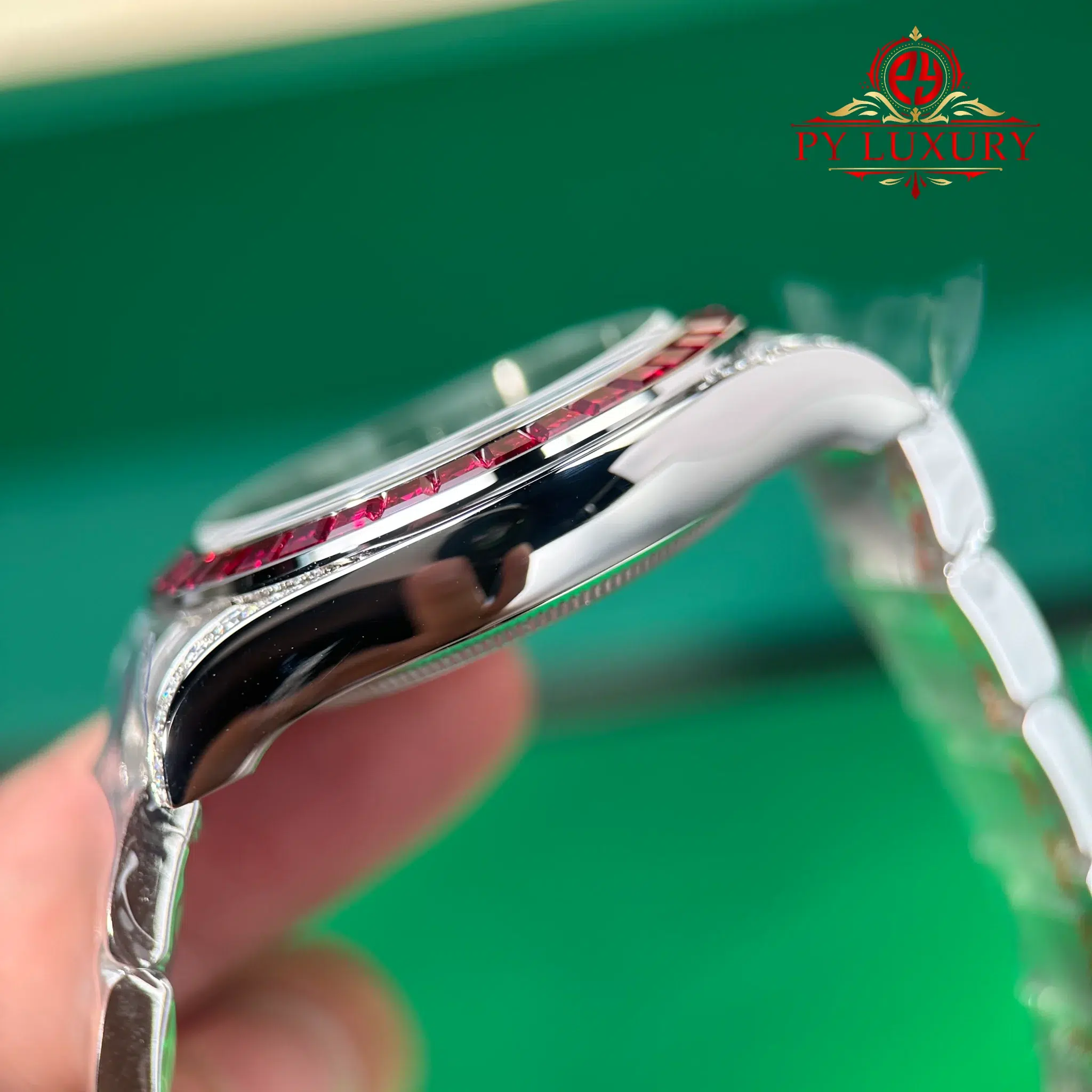 Rolex Daytona 126599TRU White Gold Custom Moissanite Black Dial Ruby Bezel Super Clone Gained Weight 215g (Free Sprung) - 9