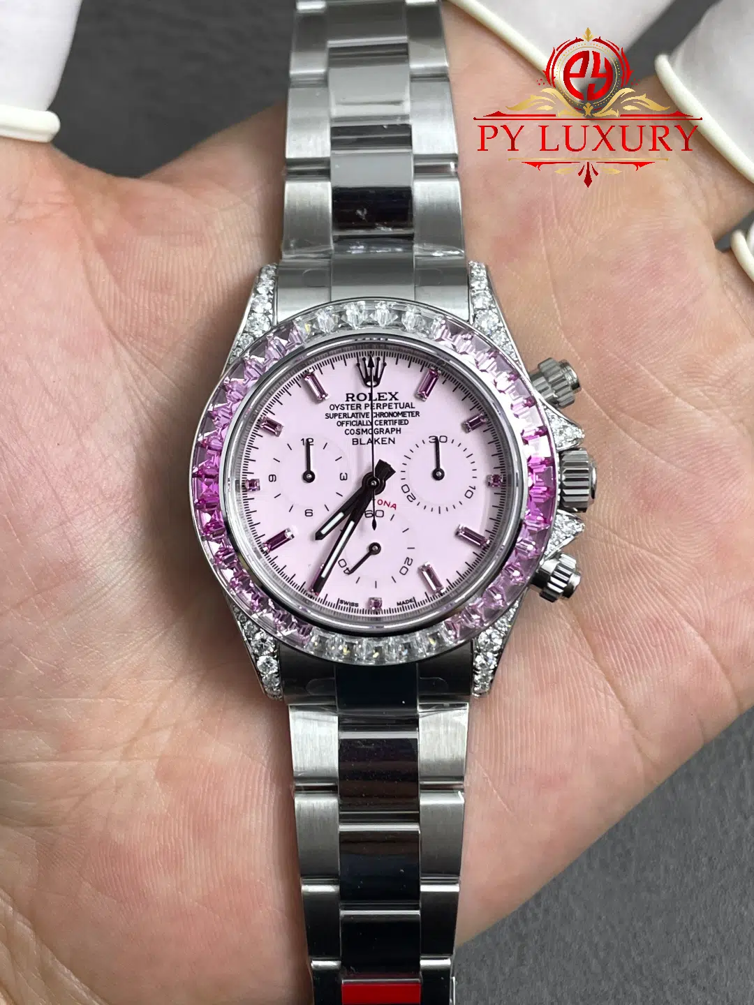 Rolex Daytona Blaken Custom Pink Dial Pink Sapphires & Moissanite Super Clone Quality Gained Weight 215g Free Sprung - 1