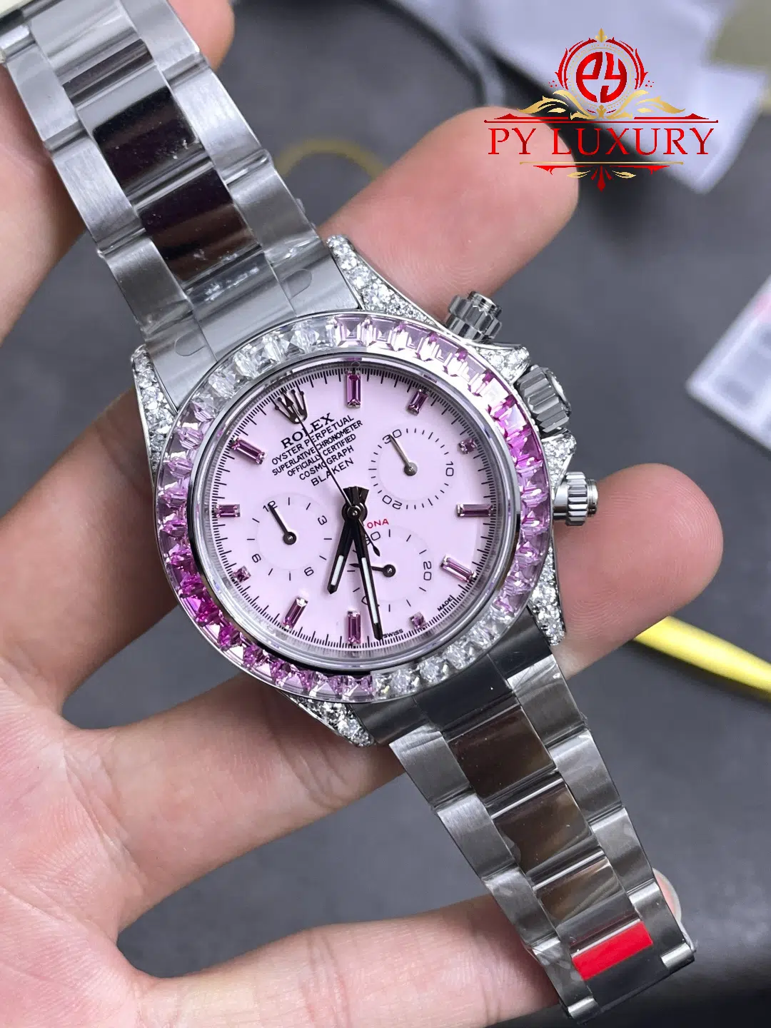 Rolex Daytona Blaken Custom Pink Dial Pink Sapphires & Moissanite Super Clone Quality Gained Weight 215g Free Sprung - 2