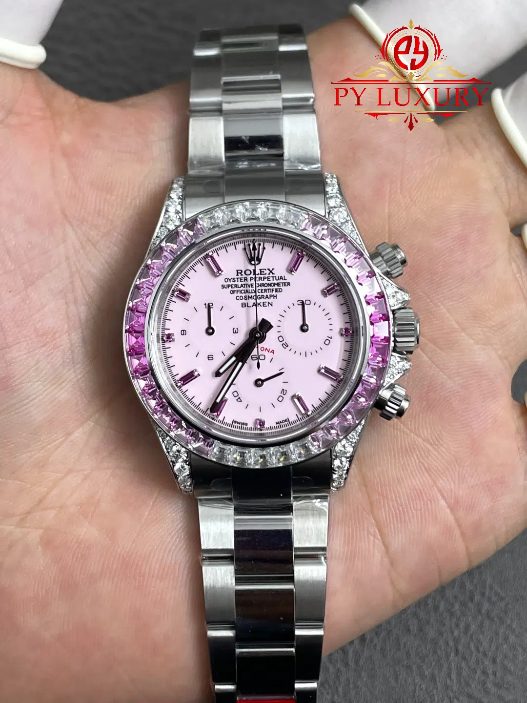 Rolex Daytona Blaken Custom Pink Dial Pink Sapphires & Moissanite Super Clone Quality Gained Weight 215g Free Sprung - 3
