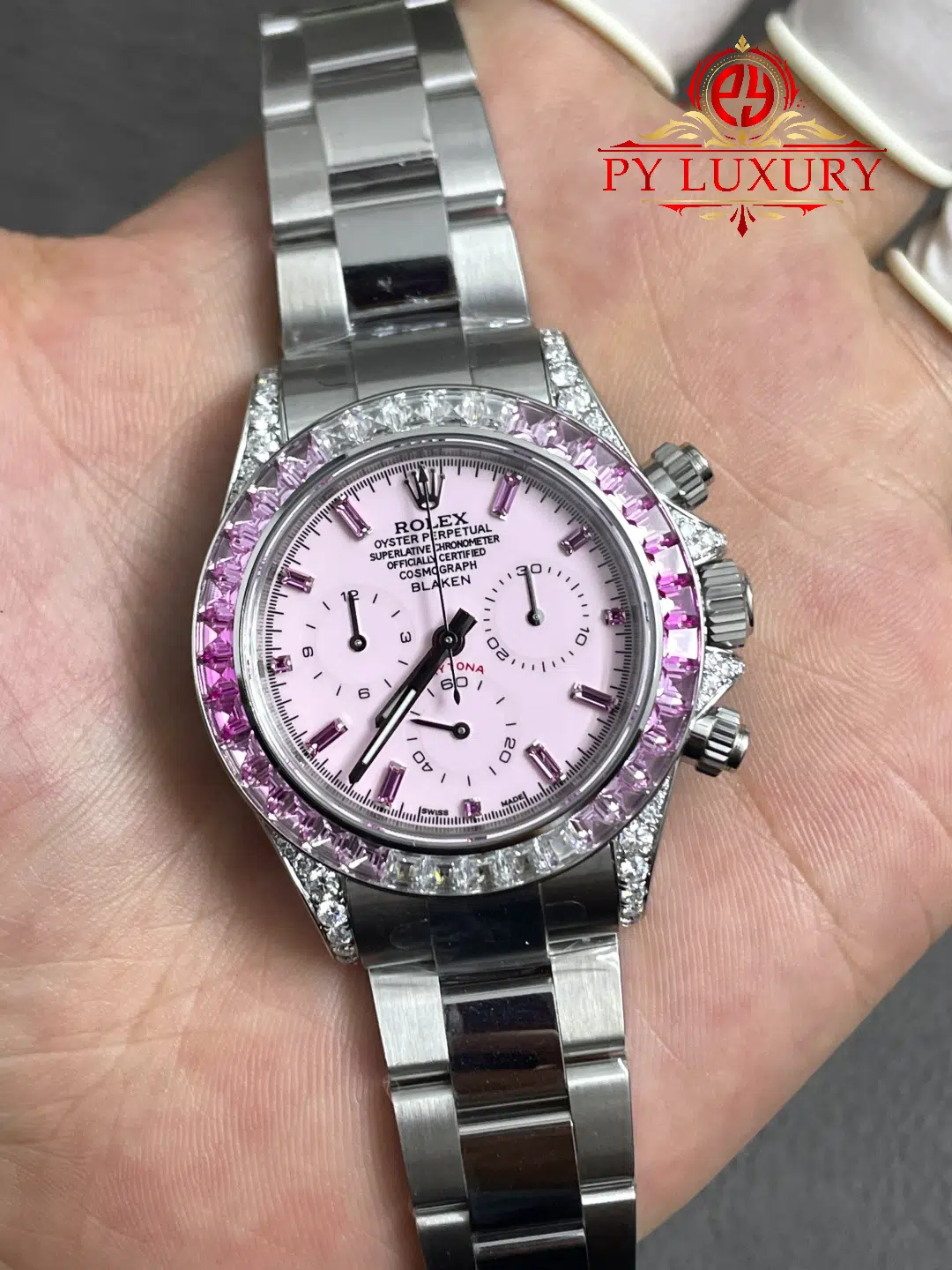 Rolex Daytona Blaken Custom Pink Dial Pink Sapphires & Moissanite Super Clone Quality Gained Weight 215g Free Sprung - 4