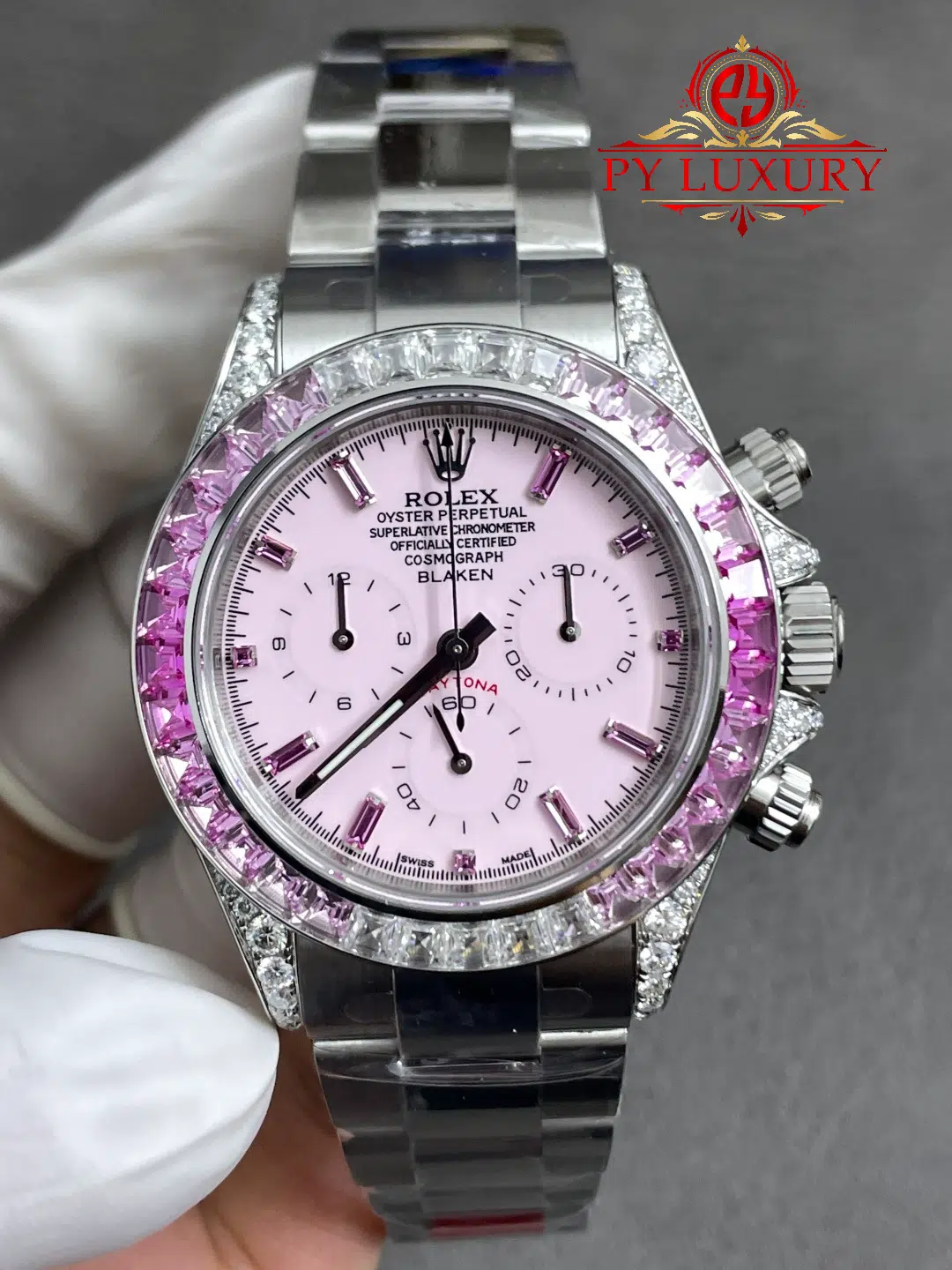 Rolex Daytona Blaken Custom Pink Dial Pink Sapphires & Moissanite Super Clone Quality Gained Weight 215g Free Sprung - 5