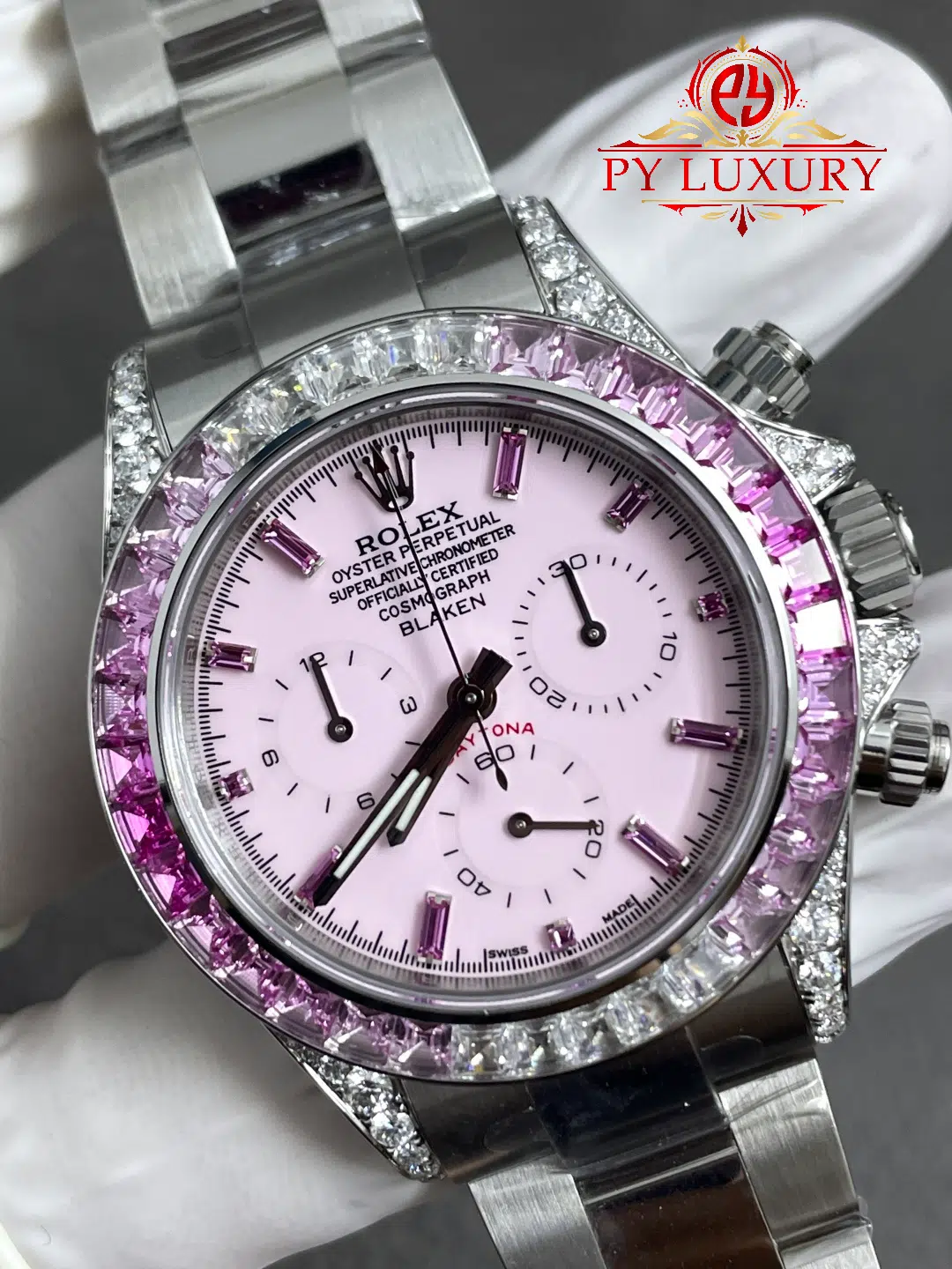 Rolex Daytona Blaken Custom Pink Dial Pink Sapphires & Moissanite Super Clone Quality Gained Weight 215g Free Sprung - 6