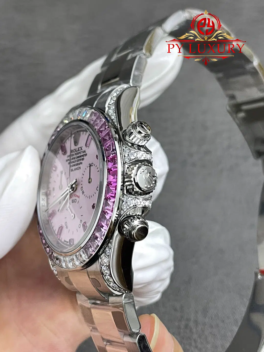 Rolex Daytona Blaken Custom Pink Dial Pink Sapphires & Moissanite Super Clone Quality Gained Weight 215g Free Sprung - 8